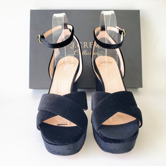 J. Crew Collection Criss-Cross Velvet Platform Heels Black 70s Retro Size 10 - Picture 3 of 6